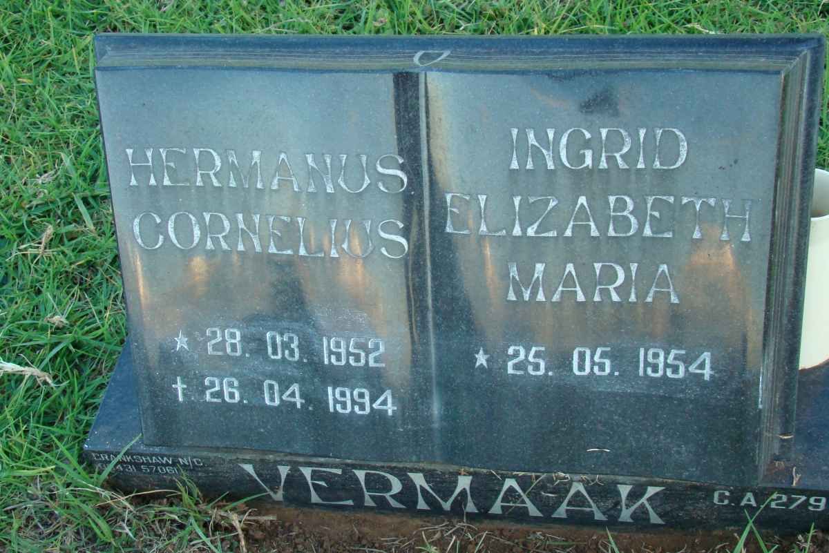 VERMAAK Hermanus Cornelius 1952-1994 &amp; Ingrid Elizabeth Maria 1954-