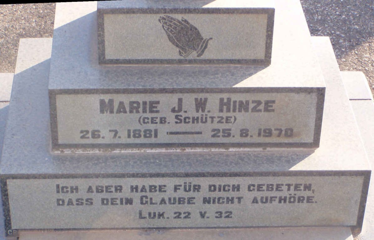 HINZE Marie J.W. nee SCHUTZE 1881-1970