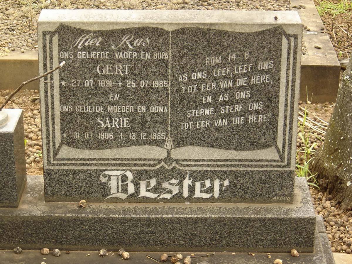 BESTER Gert 1891-1985 &amp; Sarie 1906-1985
