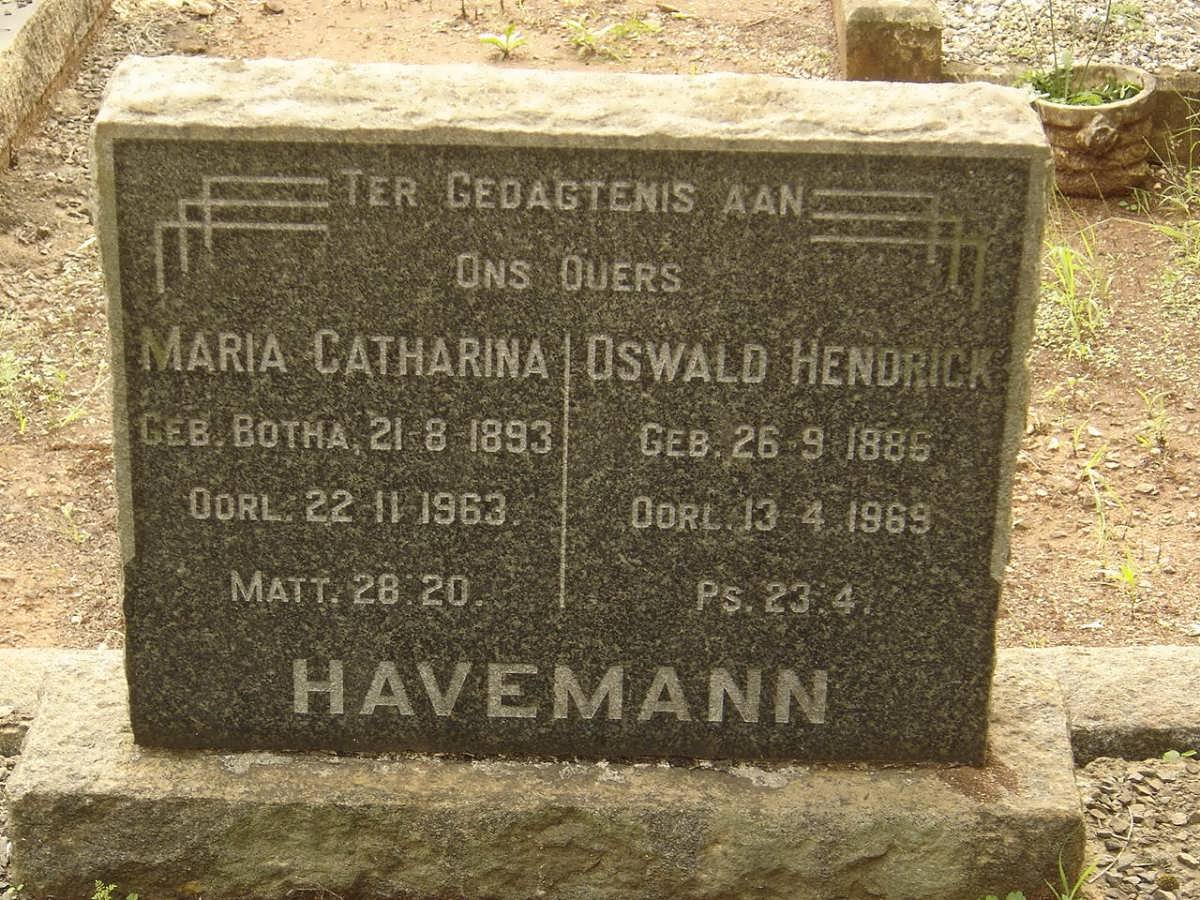 HAVEMANN Oswald Hendrick 1886-1969 &amp; Maria Catharina BOTHA 1893-1963