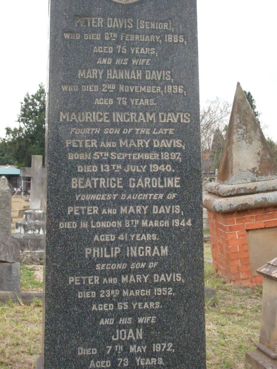 DAVIS Peter  -1885 &amp; Mary Hannah -1896 :: DAVIS Maurice Ingram 1897-1940 :: DAVIS Beatrice Caroline -1944
