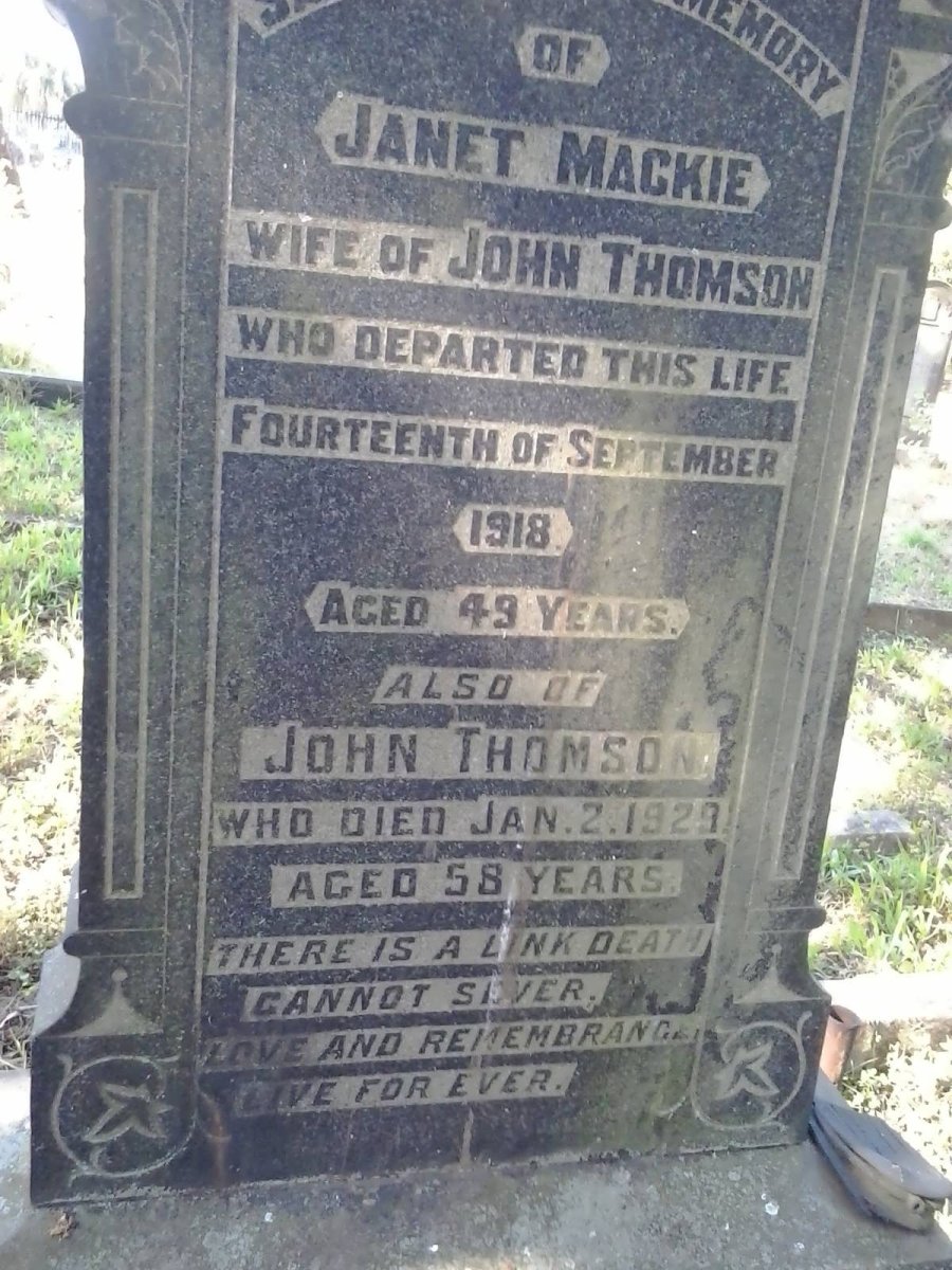 THOMSON John -1929 &amp; Janet MACKIE -1918