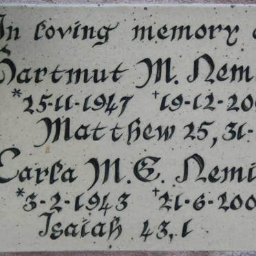 NEMITZ Hartmut M. 1947-2004 &amp; Carla M.E. 1943-2008