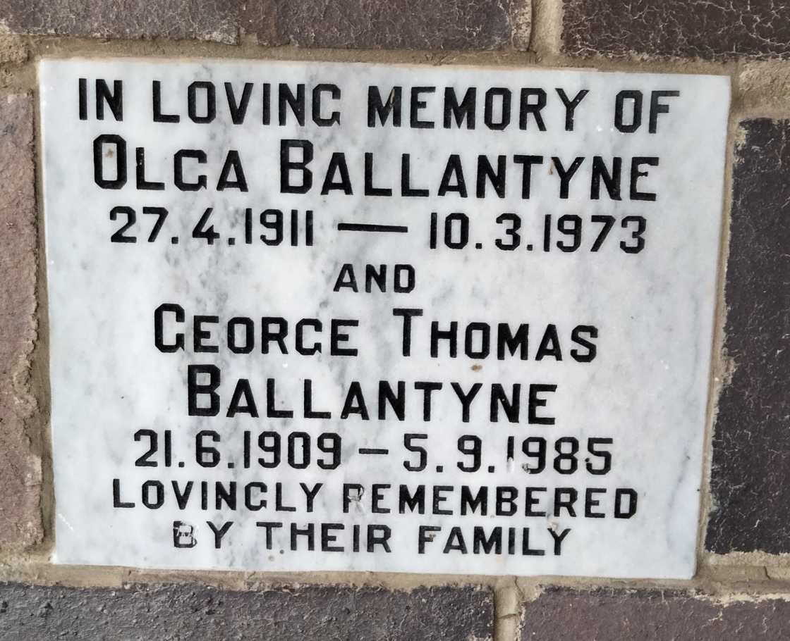 BALLANTYNE George Thomas 1909-1985 & Olga 1911-1973