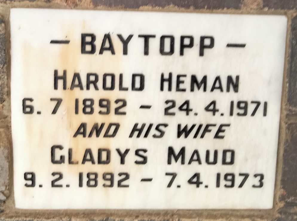 BAYTOPP Harold Heman 1892-1971 & Gladys Maud 1892-1973