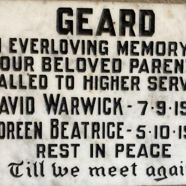 GEARD David Warwick -1975 & Doreen Beatrice -1990