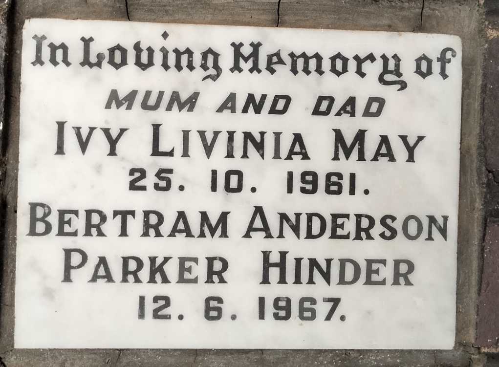HINDER Bertram Anderson, PARKER -1967 & Ivy Livinia May -1961