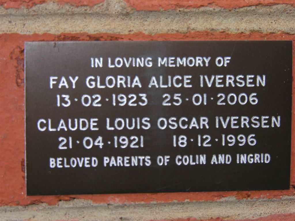IVERSEN Claude Louis Oscar 1921-1996 &amp; Fay Gloria Alice 1932-2006
