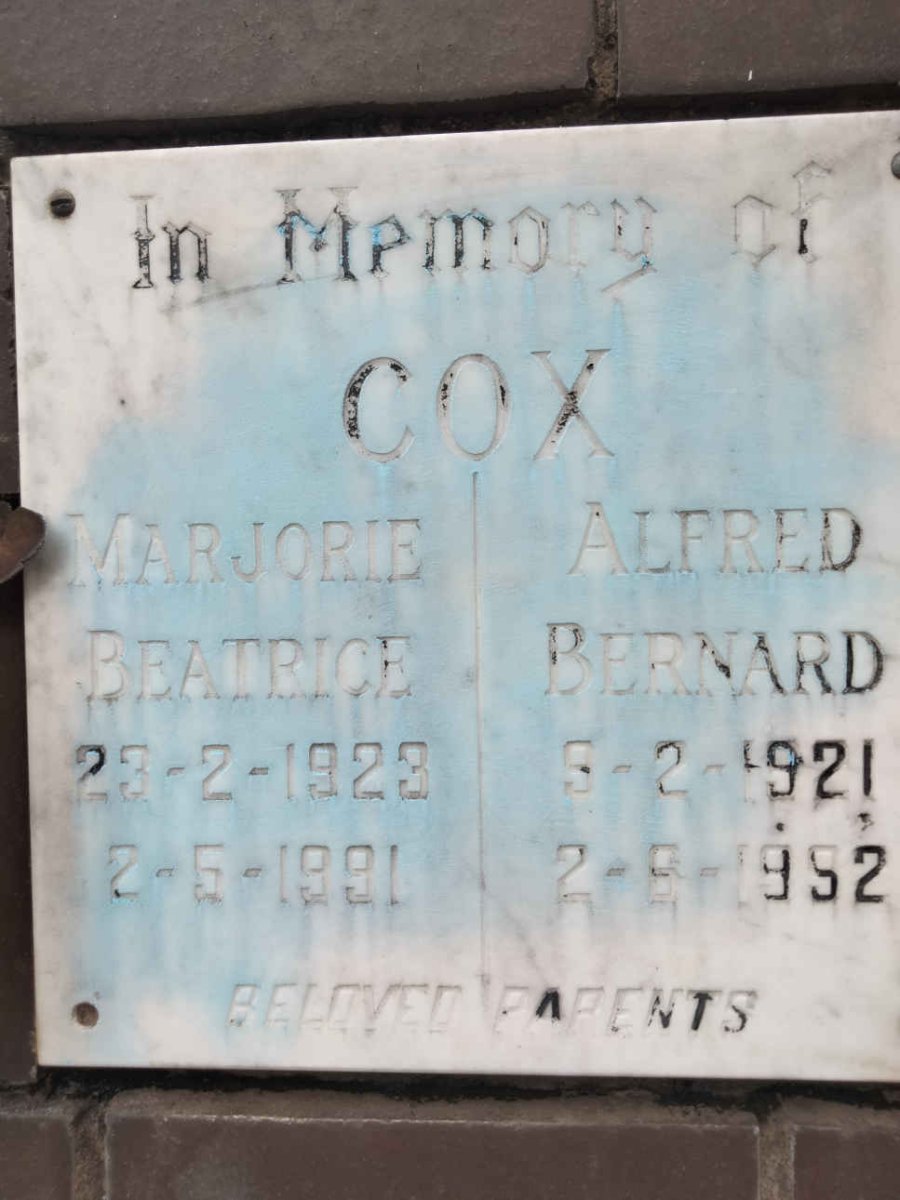 COX Alfred Bernard 1921-1992 &amp; Marjorie Beatrice 1923-1991
