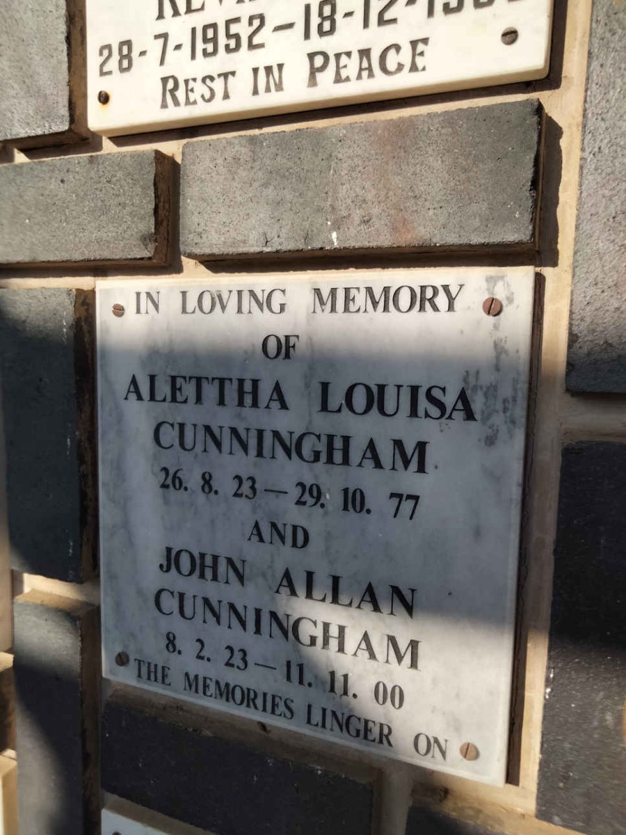 CUNNINGHAM John Allan 1923-2000 &amp; Alettha Louise 1923-1977