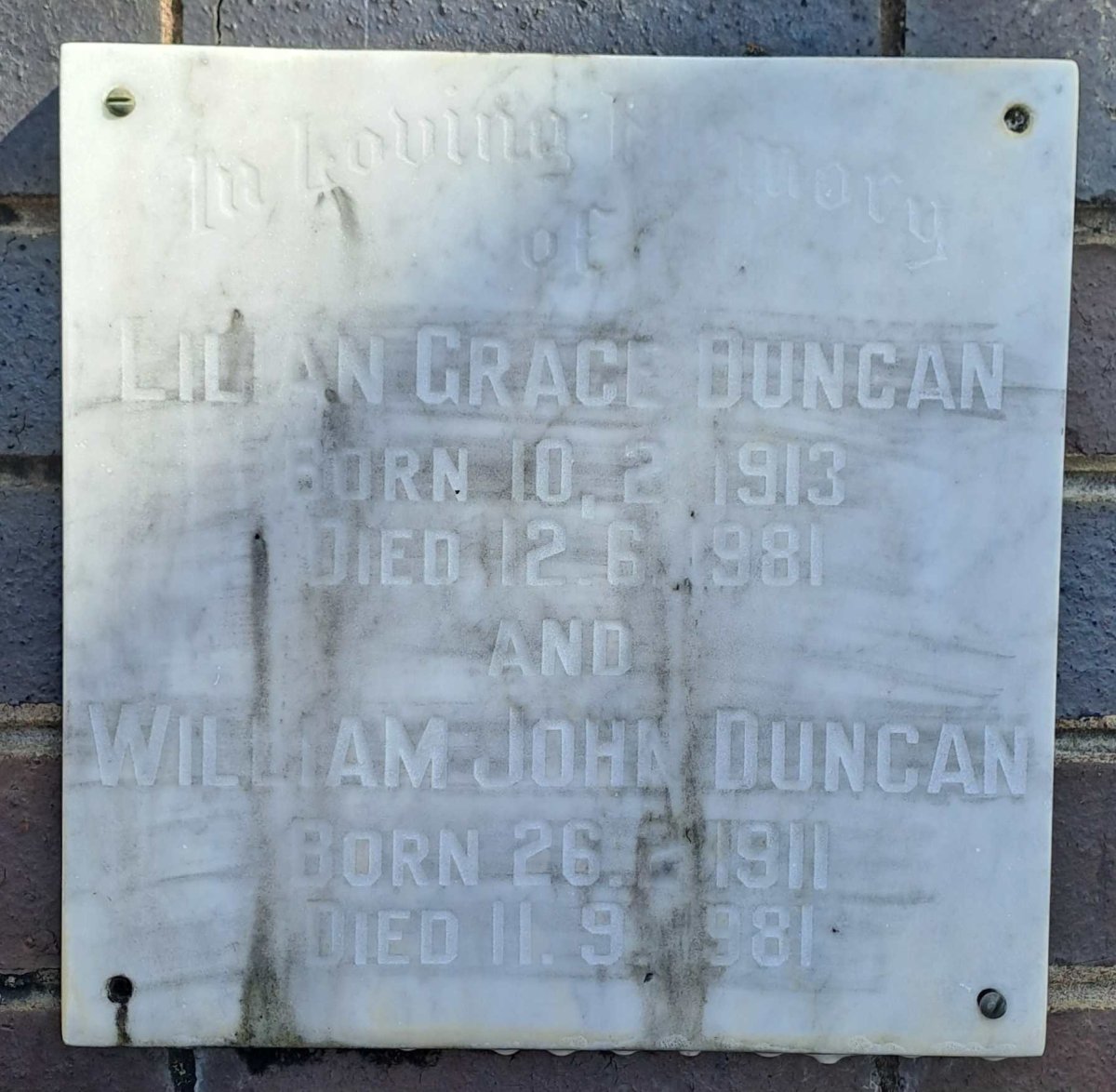 DUNCAN William John 1911-1981 & Lilian Grace 1913-1981