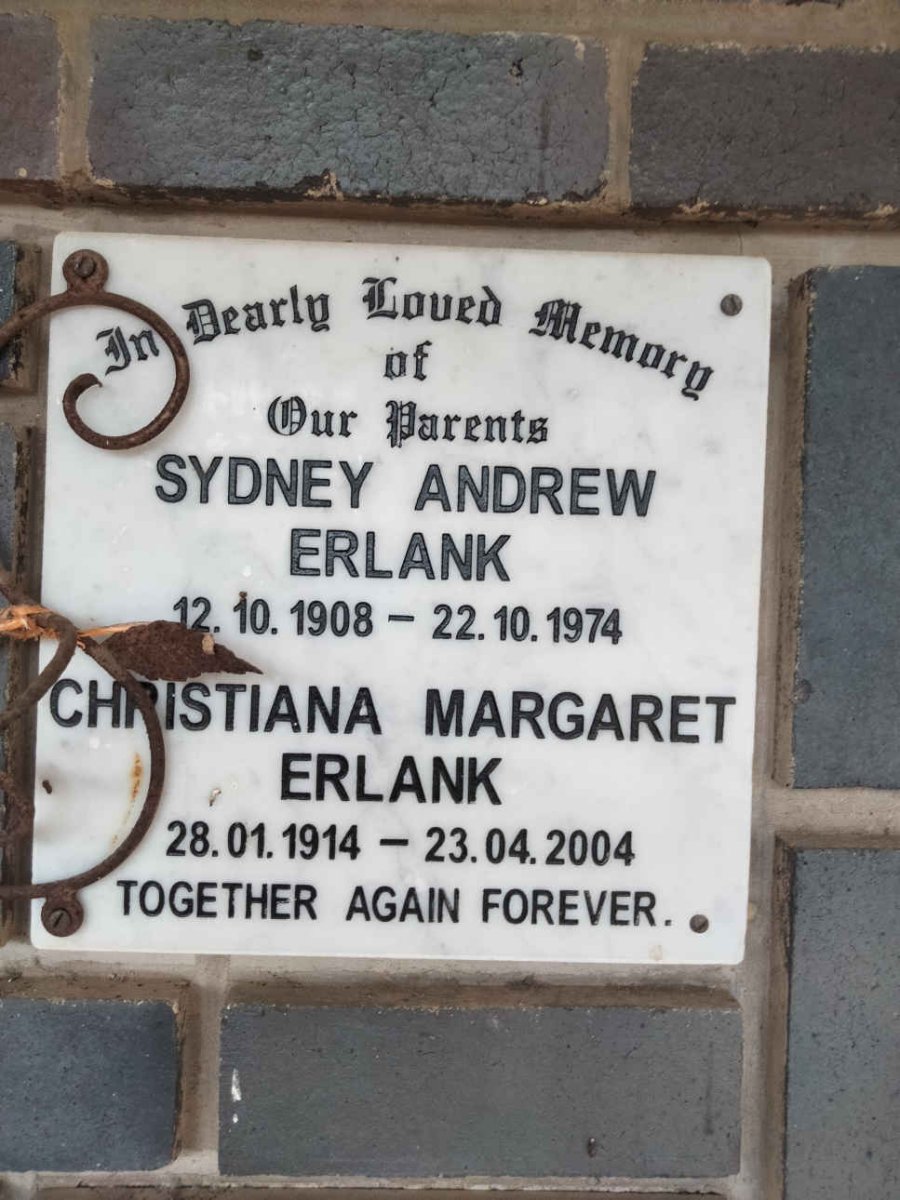 ERLANK Sydney Andrew 1908-1974 &amp; Christiana Margaret 1914-2004