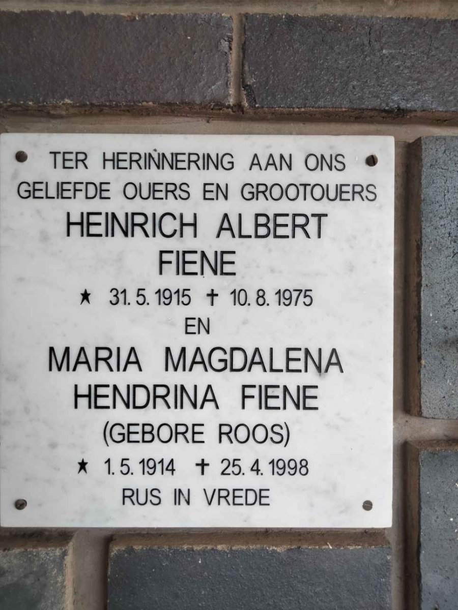FIENE Heinrich Albert 1915-1975 &amp; Maria Magdalena Hendrina ROOS 1914-1998