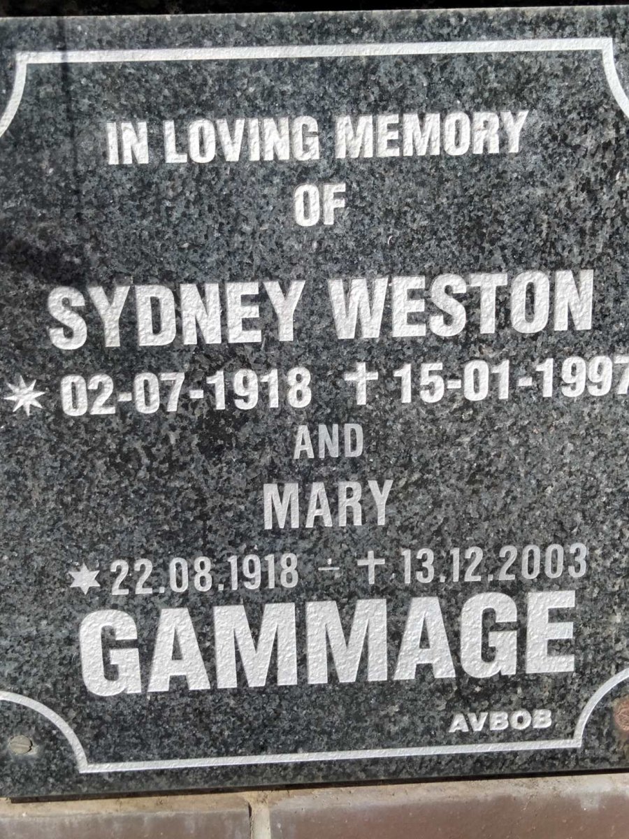 GAMMAGE Sydney Weston 1918-1997 &amp; Mary 1918-2003