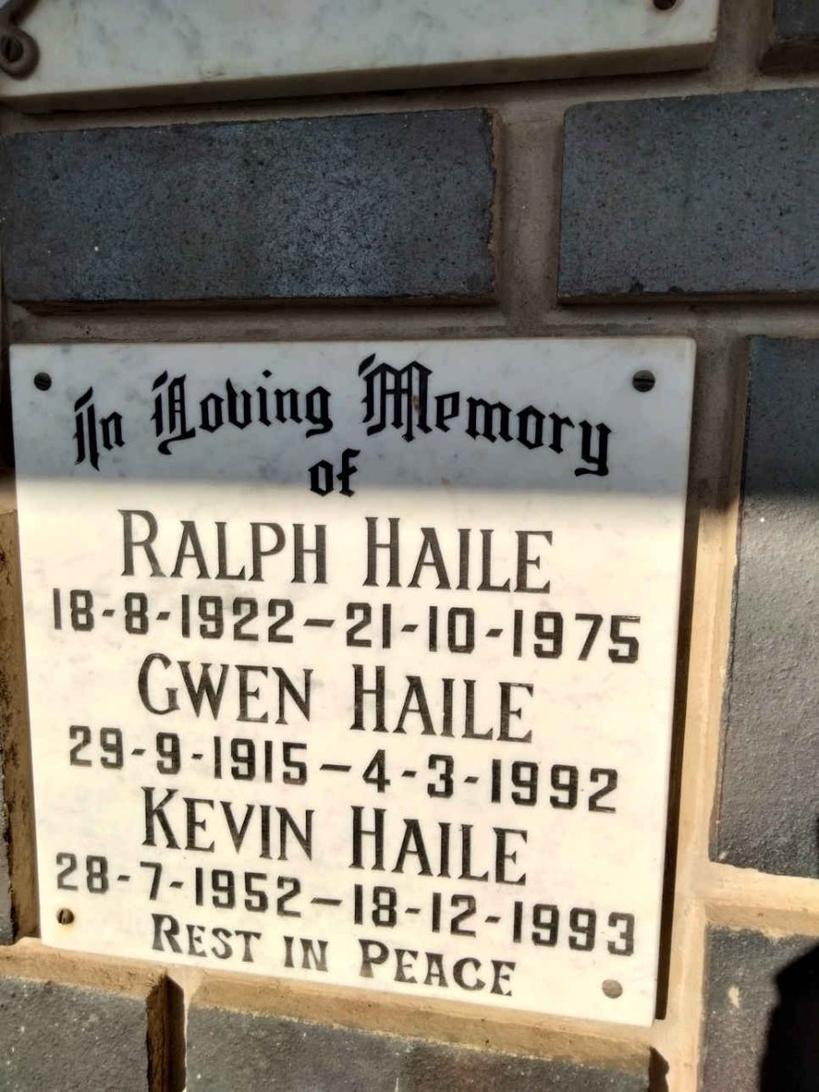 HAILE Ralph 1922-1975 &amp; Gwen 1915-1992 :: HAILE Kevin 1952-1993
