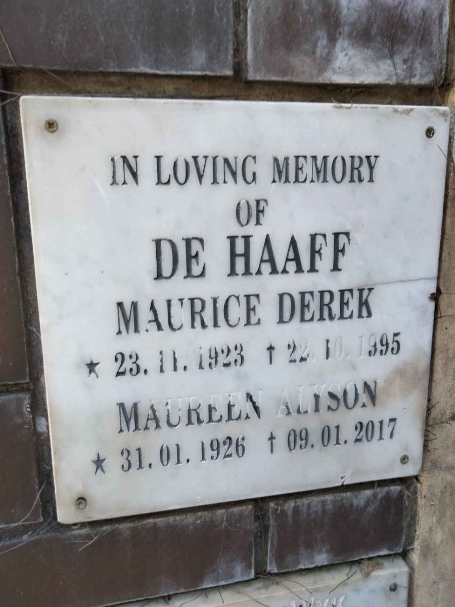 HAAFF Maurice Derek, de 1923-1995 &amp; Maureen Alyson 1926-2017