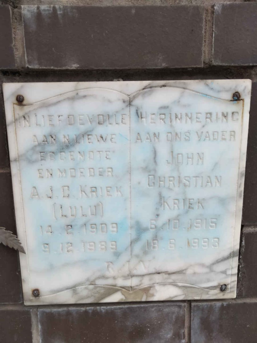 KRIEK John Christian 1915-1993 &amp; A.J.C. 1909-1989