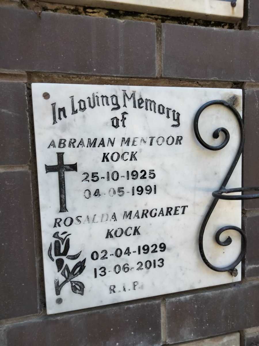 KOCK Abraman Mentoor 1925-1991 &amp; Rosalda Margaret 1929-2013