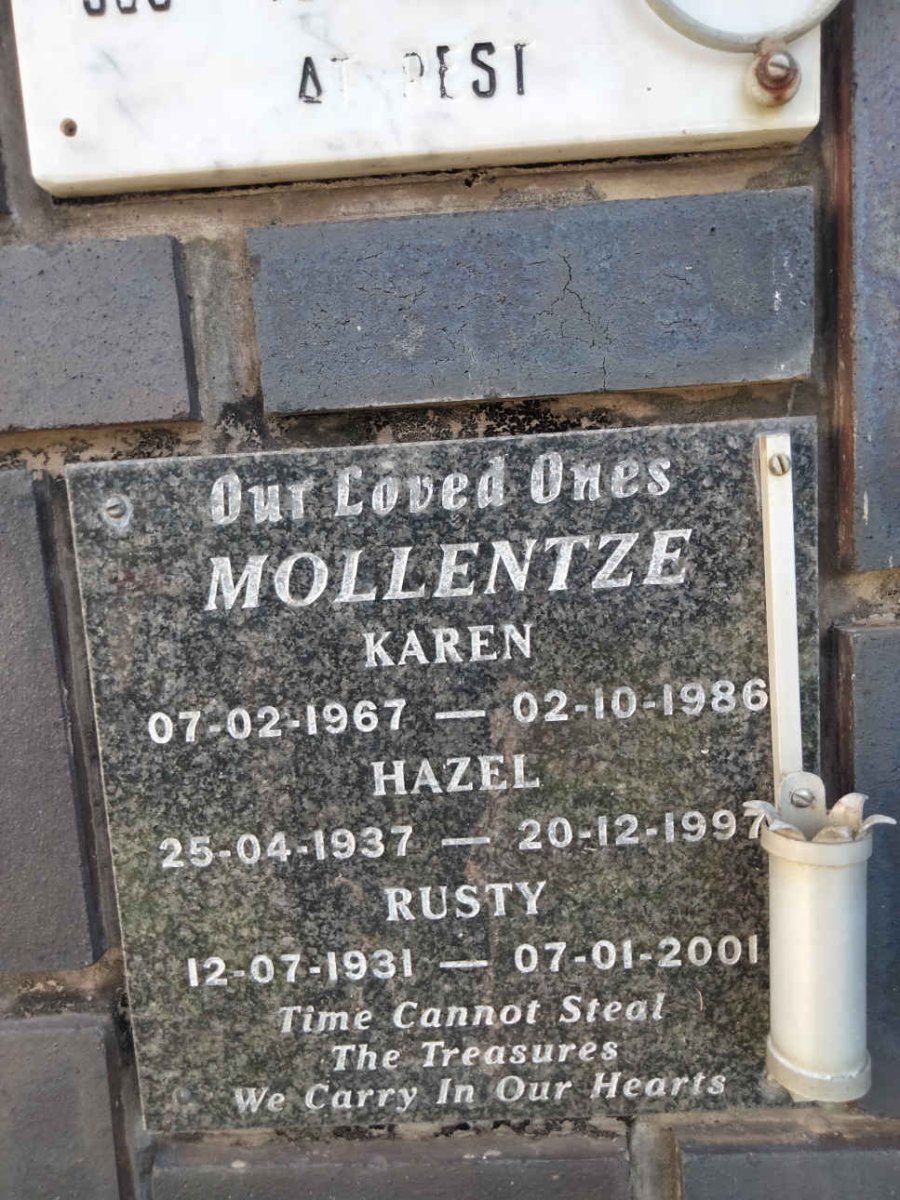 MOLLENTZE Rusty 1931-2001 &amp; Hazel 1937-1997 :: MOLLENTZE Karen 1967-1986