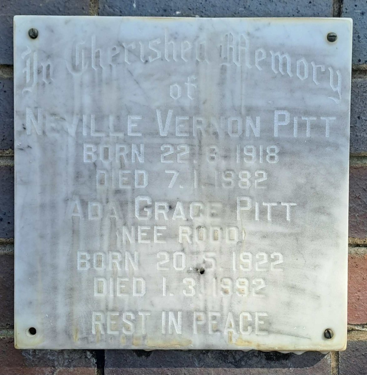 PITT Neville Vernon 1918-1982 & Ada Grace ROOD 1922-1992