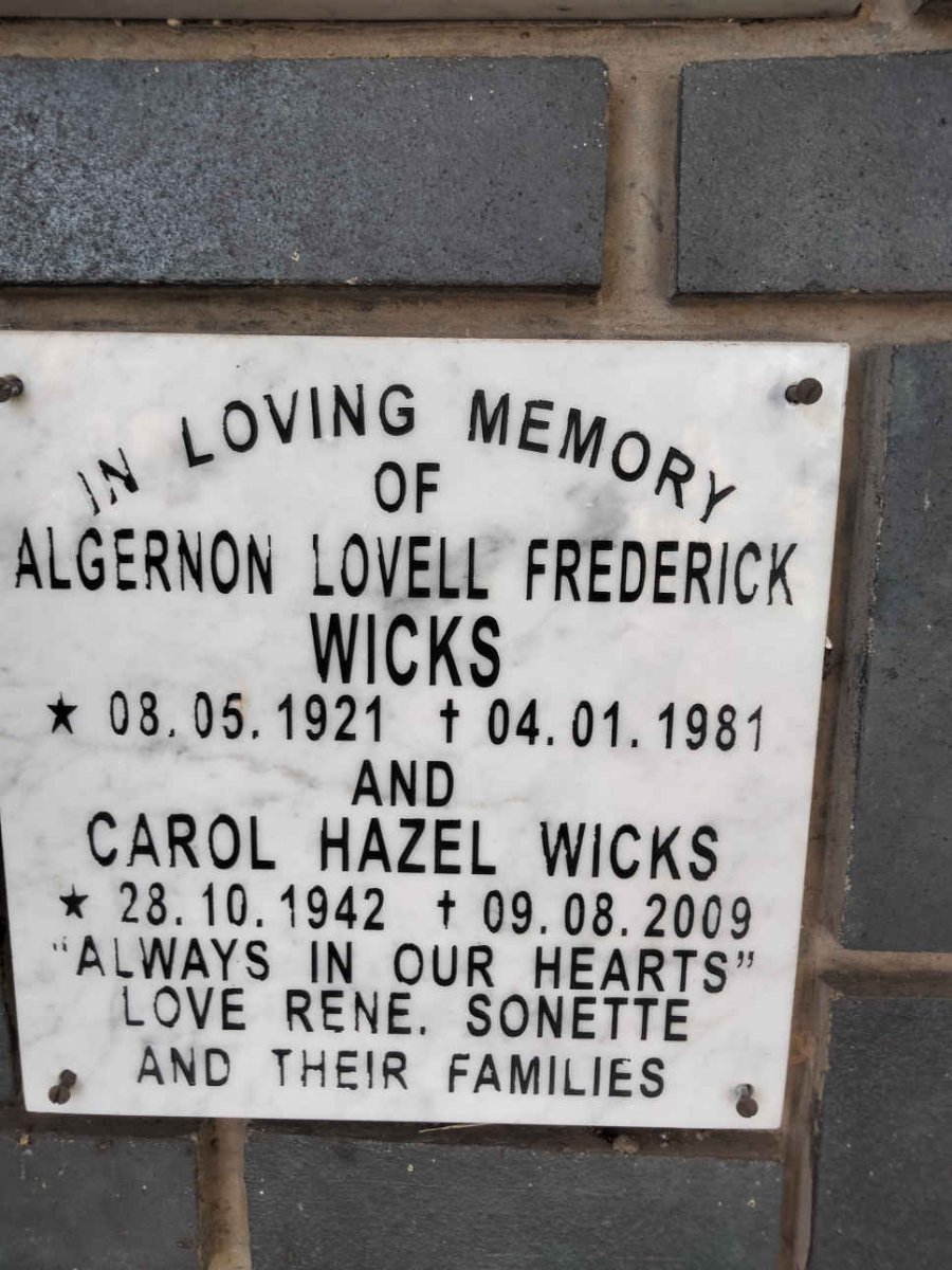WICKS Algernon Lovell Frederick 1921-1981 :: WICKS Carol Hazel 1942-2009