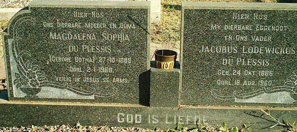 PLESSIS Jacobus Lodewickus, du 1886-1960 &amp; Magdalena Sophia BOTHA 1889-1969