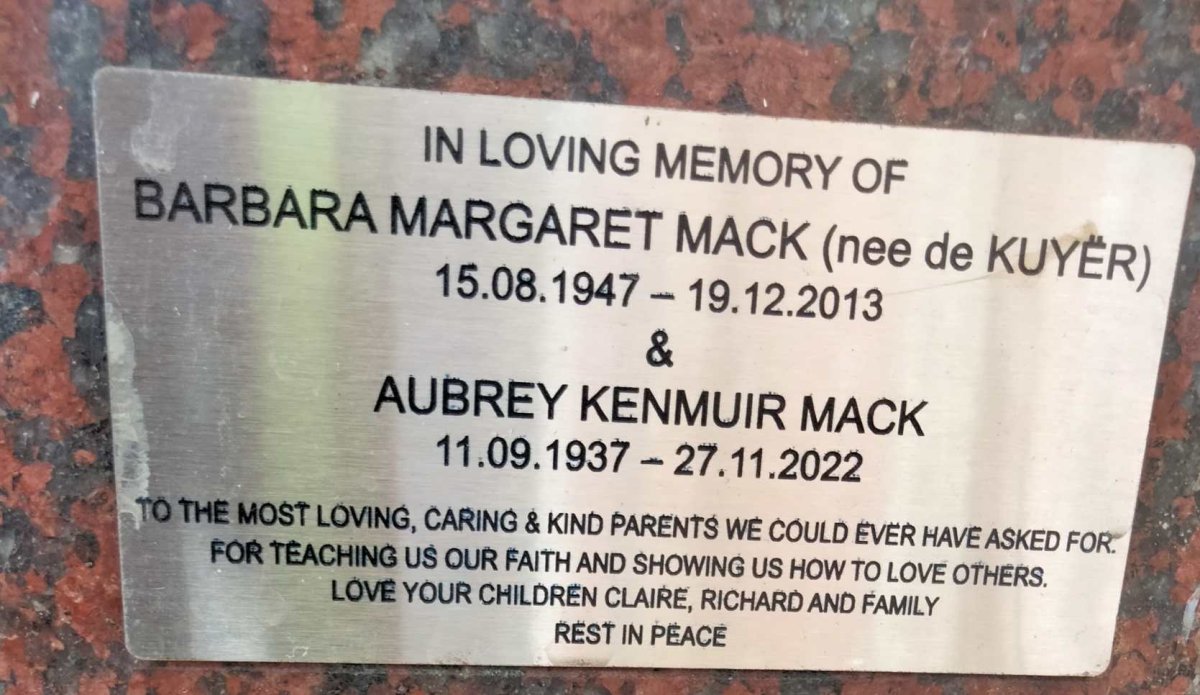 MACK Aubrey Kenmuir 1937-2022 & Barbara Margaret DE KUYËR