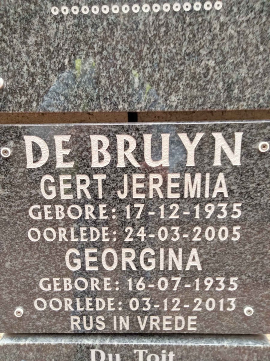 BRUYN Gert Jeremia 1935-2005 & Georgina 1935-2013