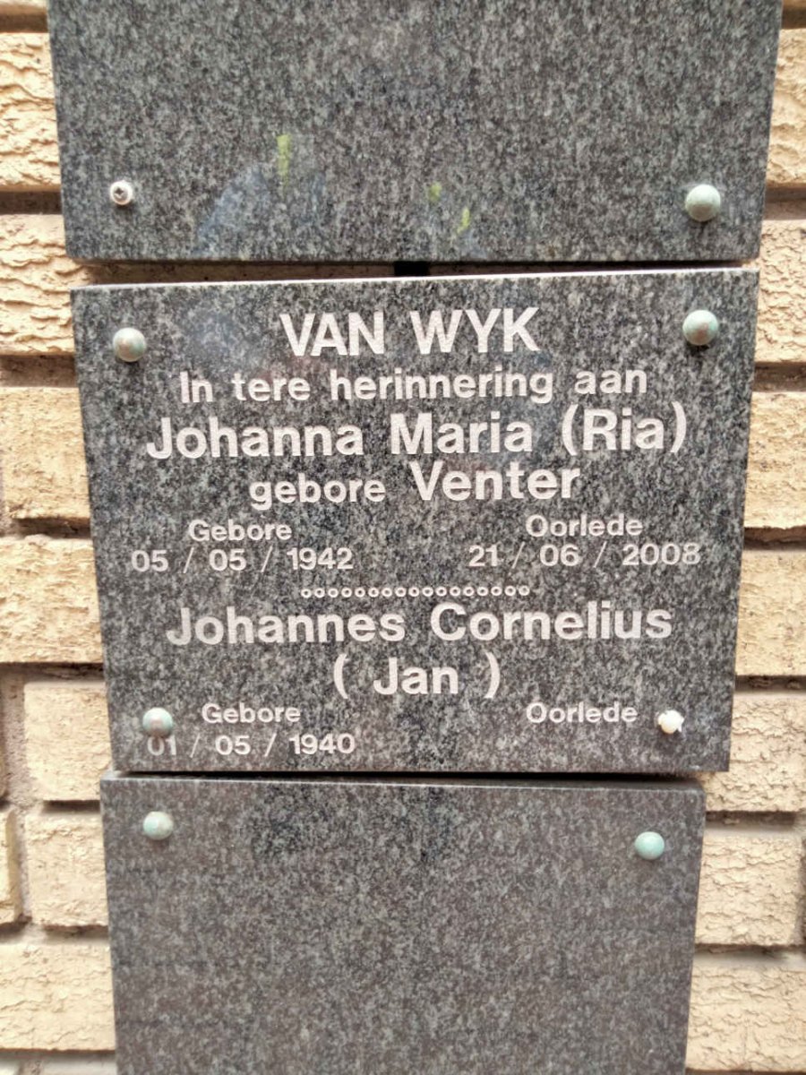 WYK Johannes Cornelius, van 1940- & Johanna Maria VENTER 1942-2008