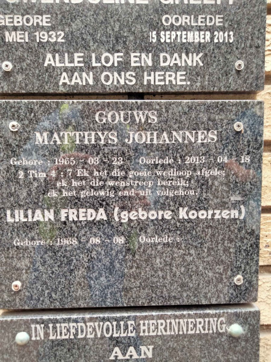 GOUWS Matthys Johannes 1965-2013 & Lilian Freda KOORZEN 1968-