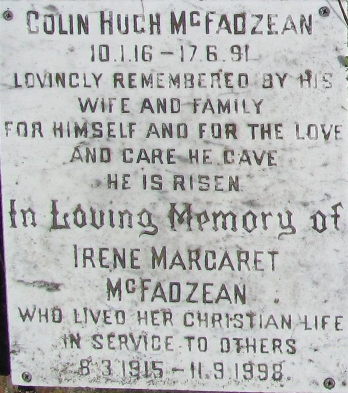 MCFADZEAN Colin Hugh 1916-1971 &amp; Irene Margaret 1915-1998