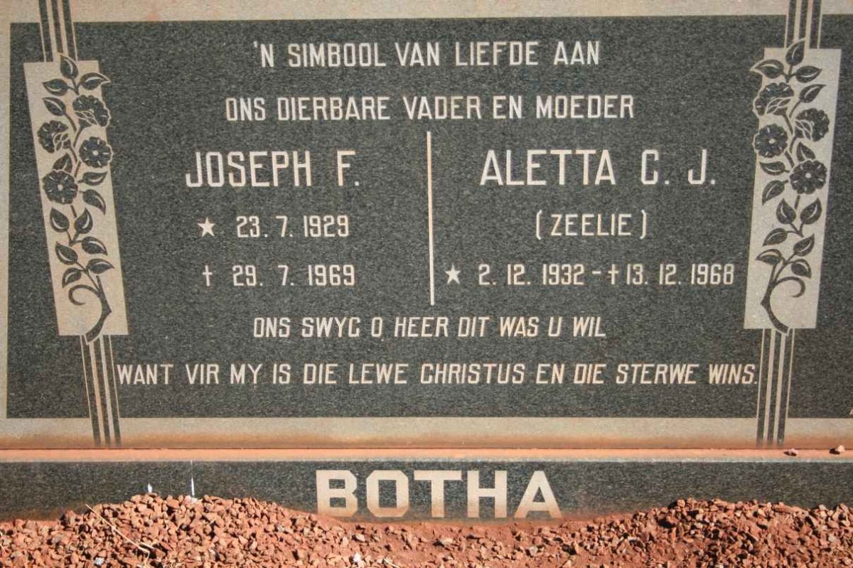 BOTHA Joseph F. 1929-1969 &amp; Aletta C.J. ZEELIE 1932-1968
