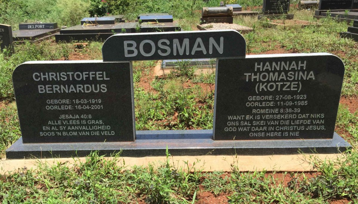 BOSMAN Christoffel Bernardus 1919-2001 &amp; Hannah Thomasina KOTZE 1923-1985