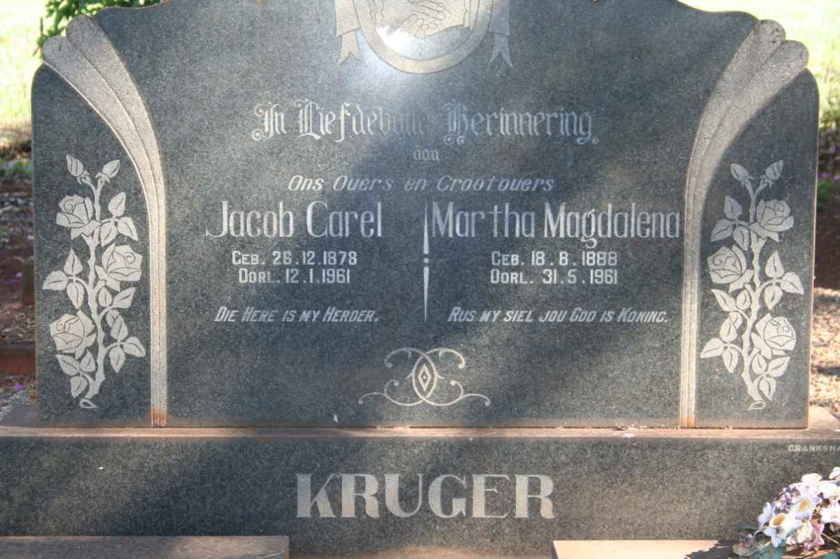 KRUGER Jacob Carel 1878-1961 &amp; Martha Magdalena 1888-1961