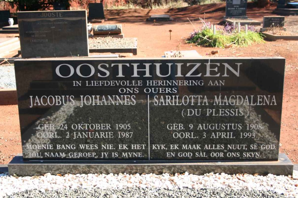 OOSTHUIZEN Jacobus Johannes 1905-1987 &amp; Sarilotta Magdalena DU PLESSIS 1908-1993