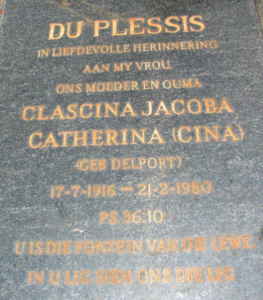 PLESSIS Clascina Jacoba Catherina, du  nee DELPORT 1916-1980
