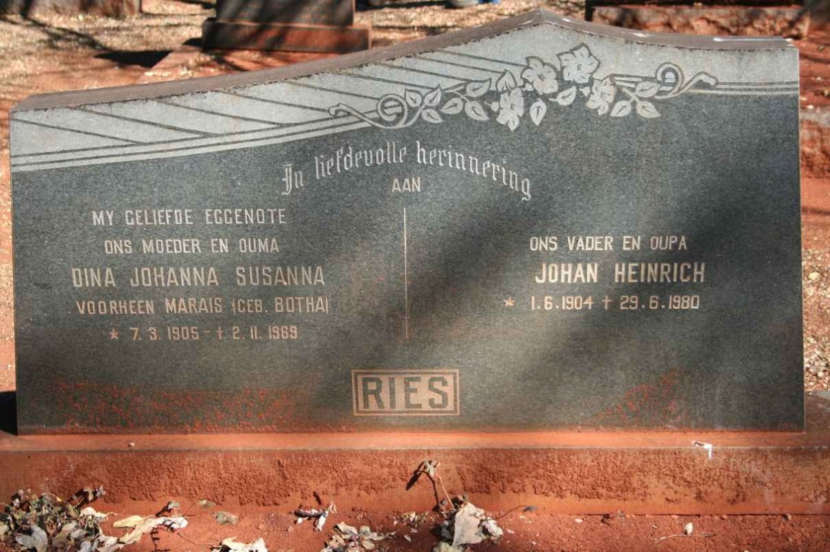 RIES Johan Heinrich 1904-1980 &amp; Dina Johanna Susanna formerly MARAIS nee BOTHA 1905-1969 