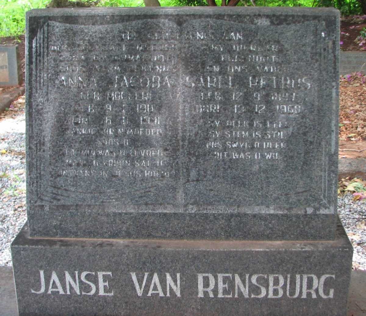 RENSBURG Sarel Petrus, Janse van 1897-1969 &amp; Anna Jacoba MOLLER 19??-19??