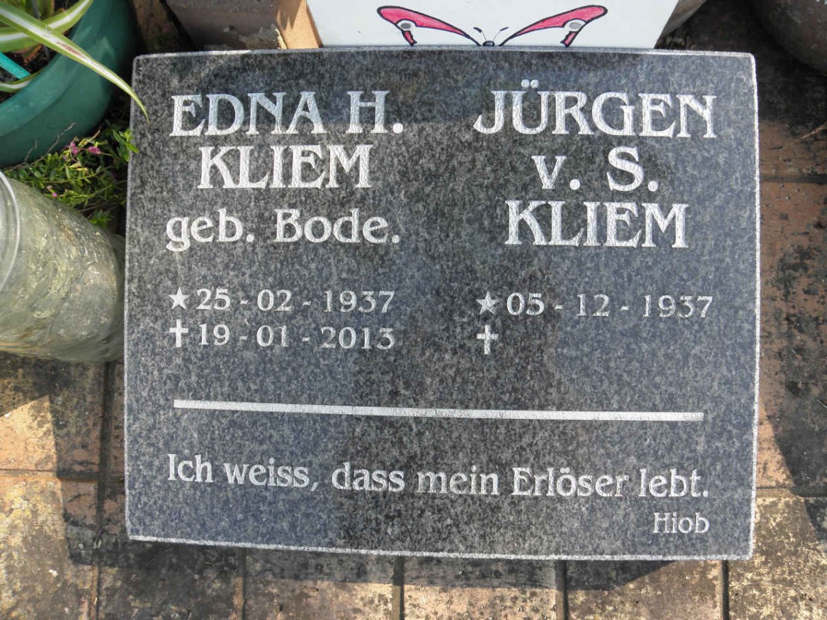 KLIEM Jurgen van S. 1937- &amp; Edna H. BODE 1937-2013