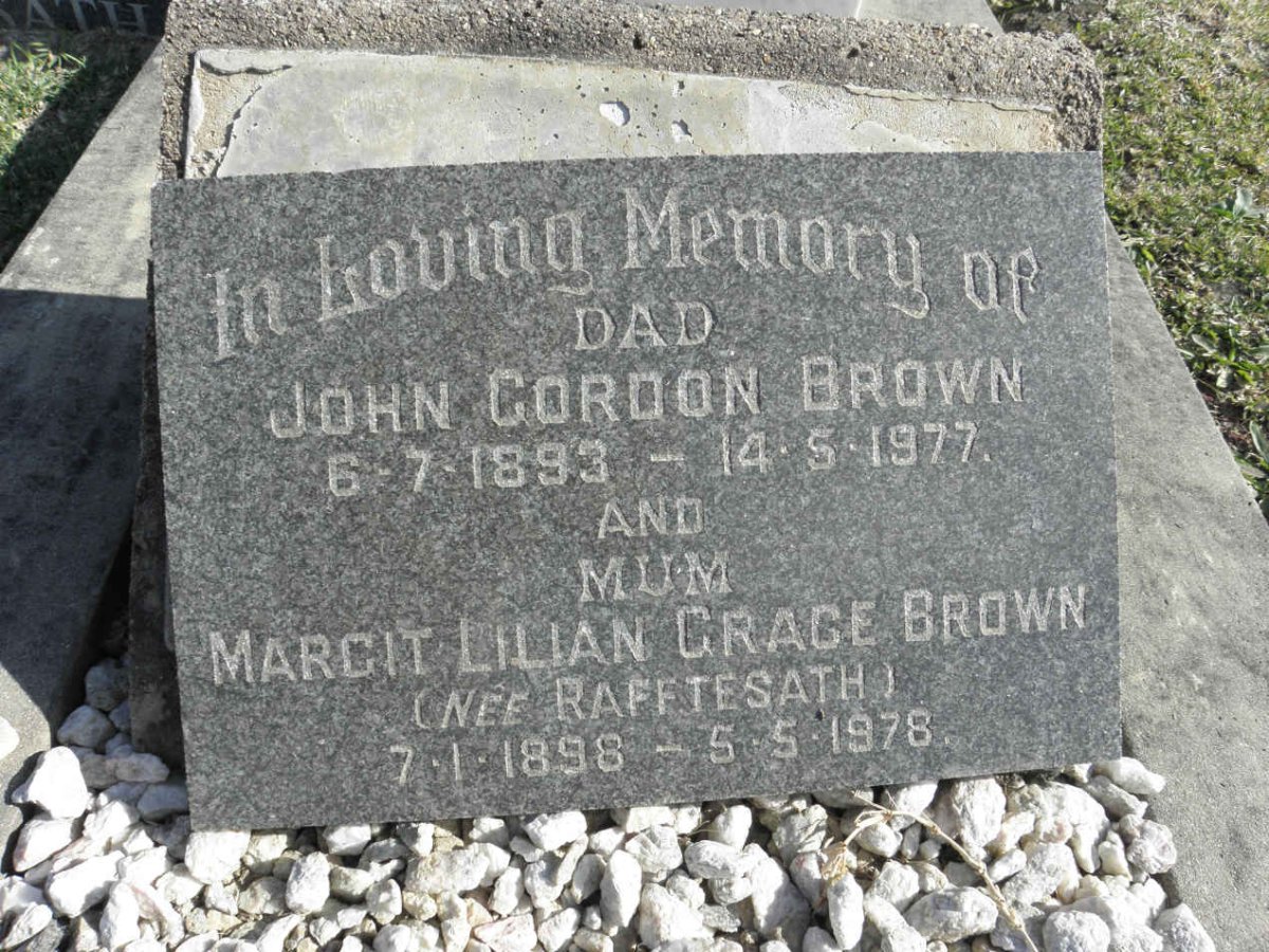 BROWN John Gordon 1893-1977 &amp; Margit Lilian Grace RAFFTESATH 1898-1978