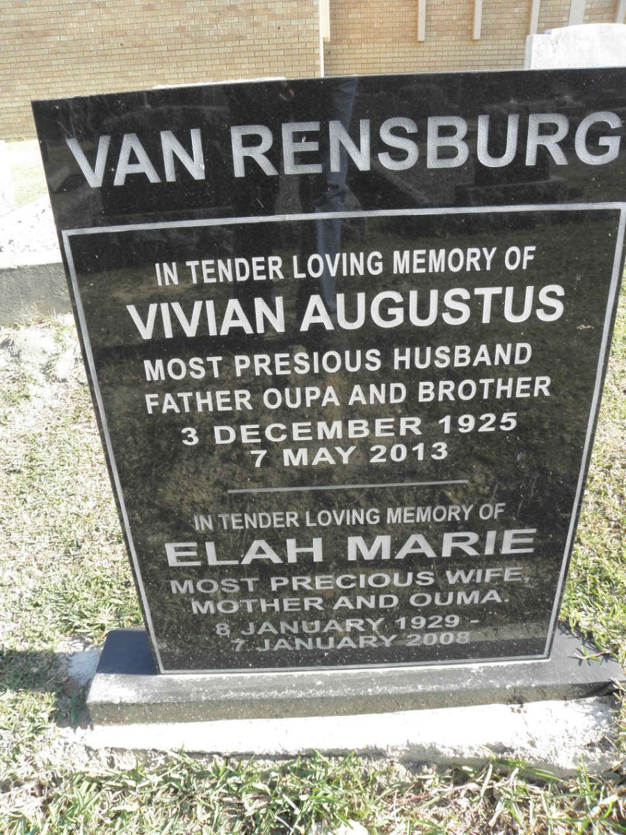 RENSBURG Vivian Augustus, van 1925-2013 &amp; Elah Marie 1929-2008