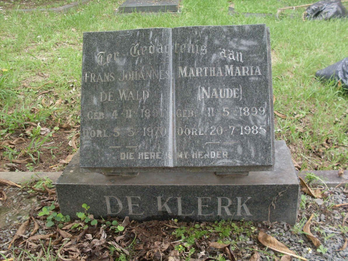 KLERK Frans Johannes De Wald, de 1891-1970 &amp; Martha Maria NAUDE 1899-1985