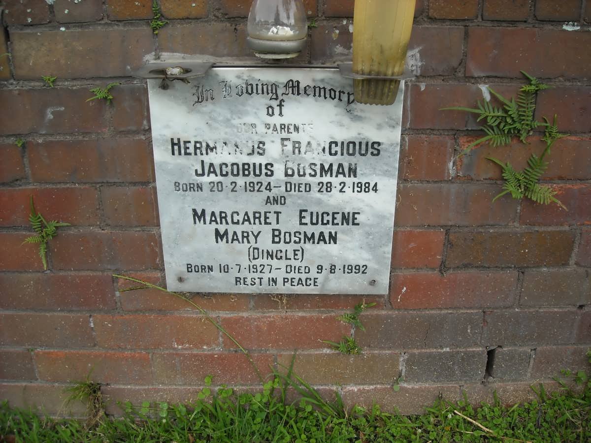BOSMAN Hermanus Francious Jacobus 1924-1984 &amp; Margaret Eugene Mary DINGLE 1927-1992
