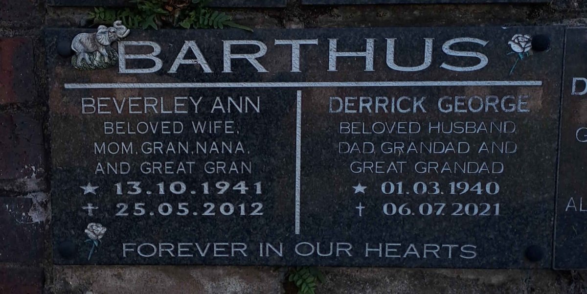 BARTHUS Derrick George 1940-2021 & Beverley Ann 1941-2012