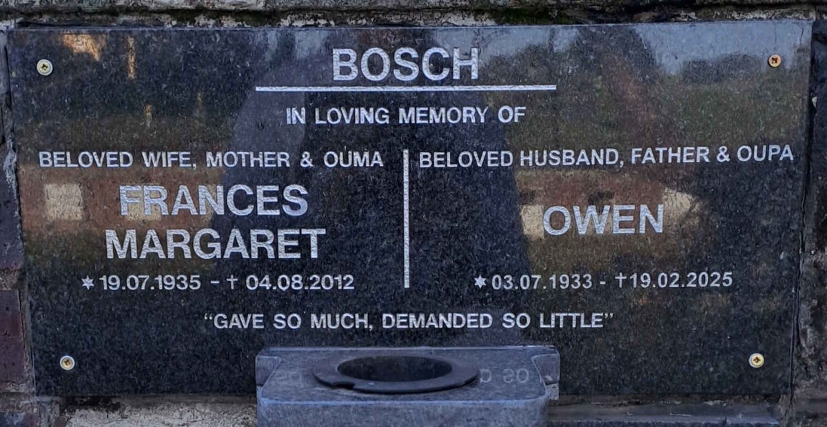 BOSCH Owen 1933-2025 & Frances Margaret 1935-2012