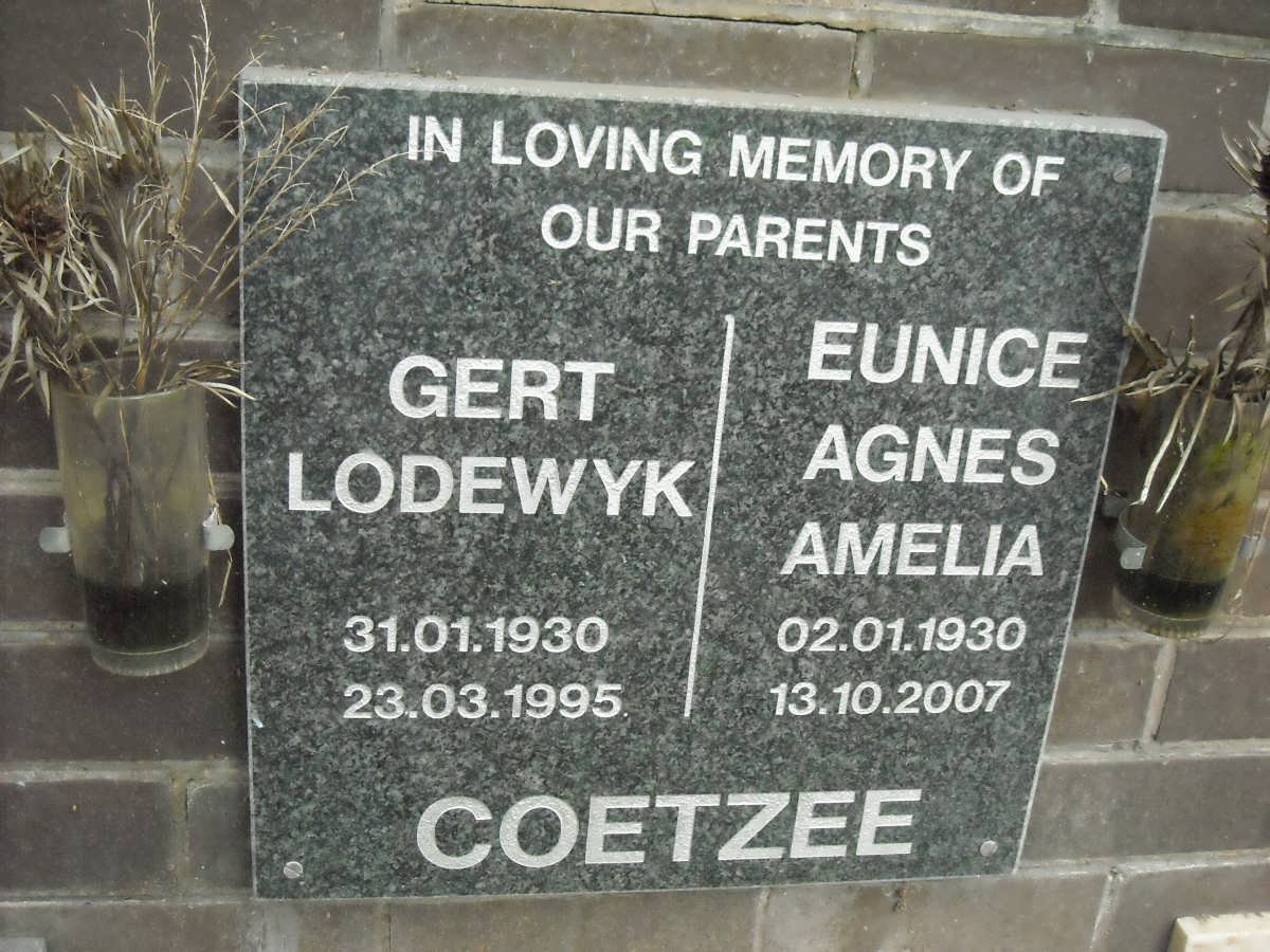 COETZEE Gert Lodewyk 1930-1995 &amp; Eunice Agnes Amelia 1930-2007