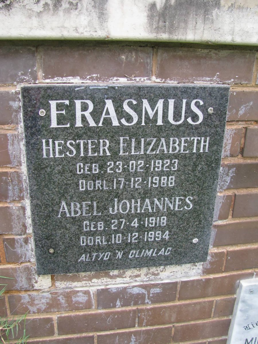 ERASMUS Abel Johannes 1918-1994 &amp; Hester Elizabeth 1923-1988
