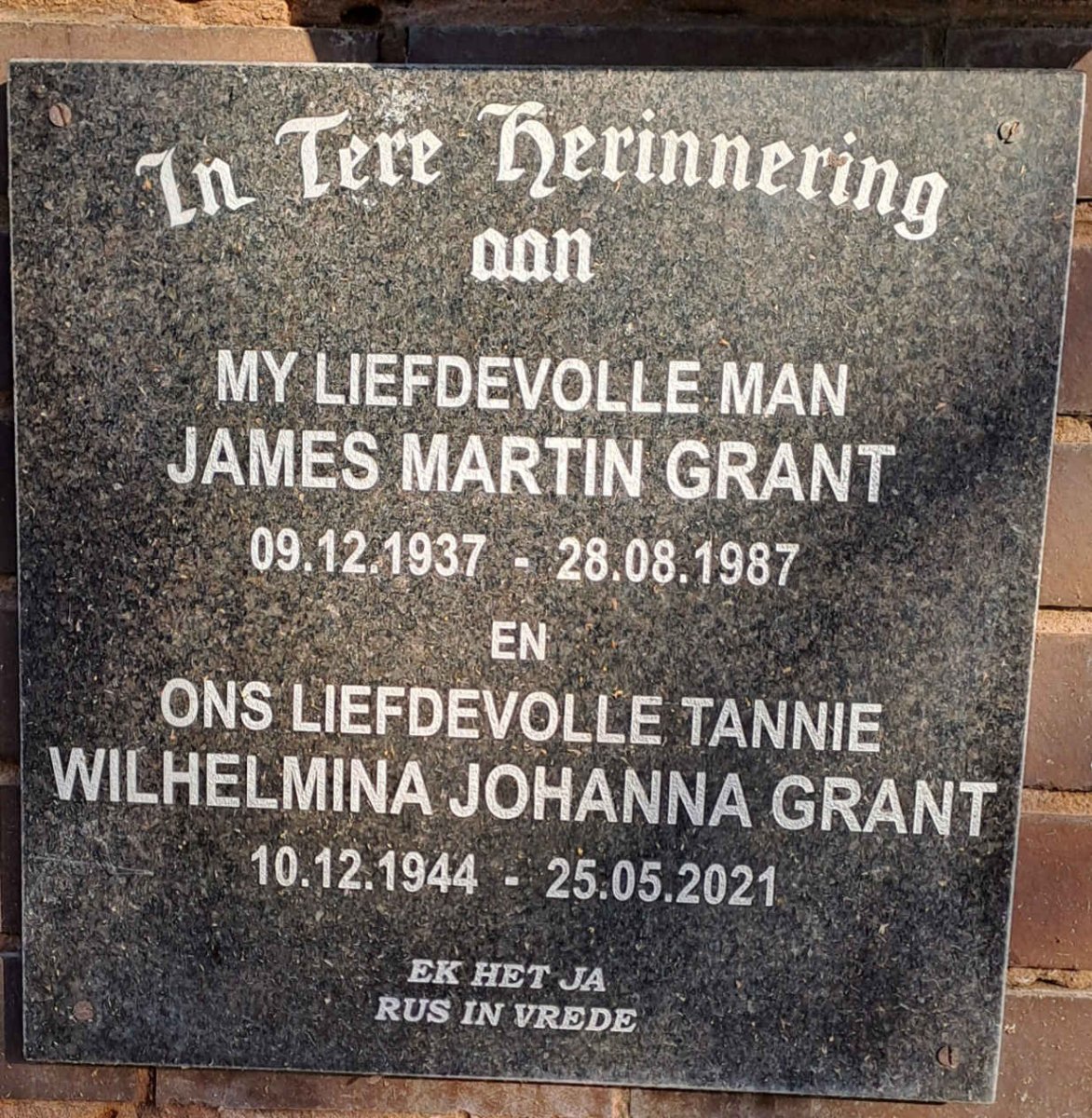 GRANT James Martin 1937-1987 :: GRANT Wilhelmina Johanna 1944-2021 