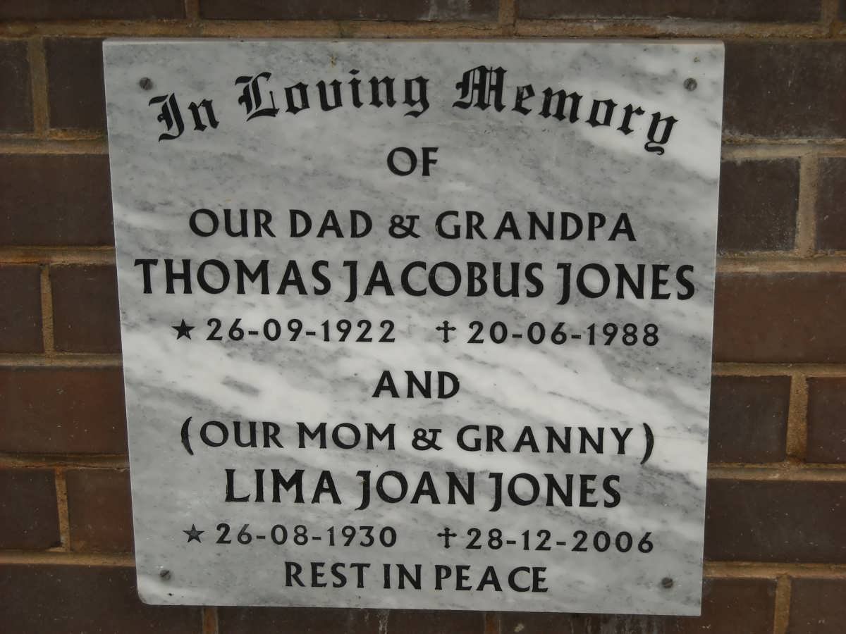 JONES Thomas Jacobus 1922-1988 &amp; Lima Joan 1930-2006