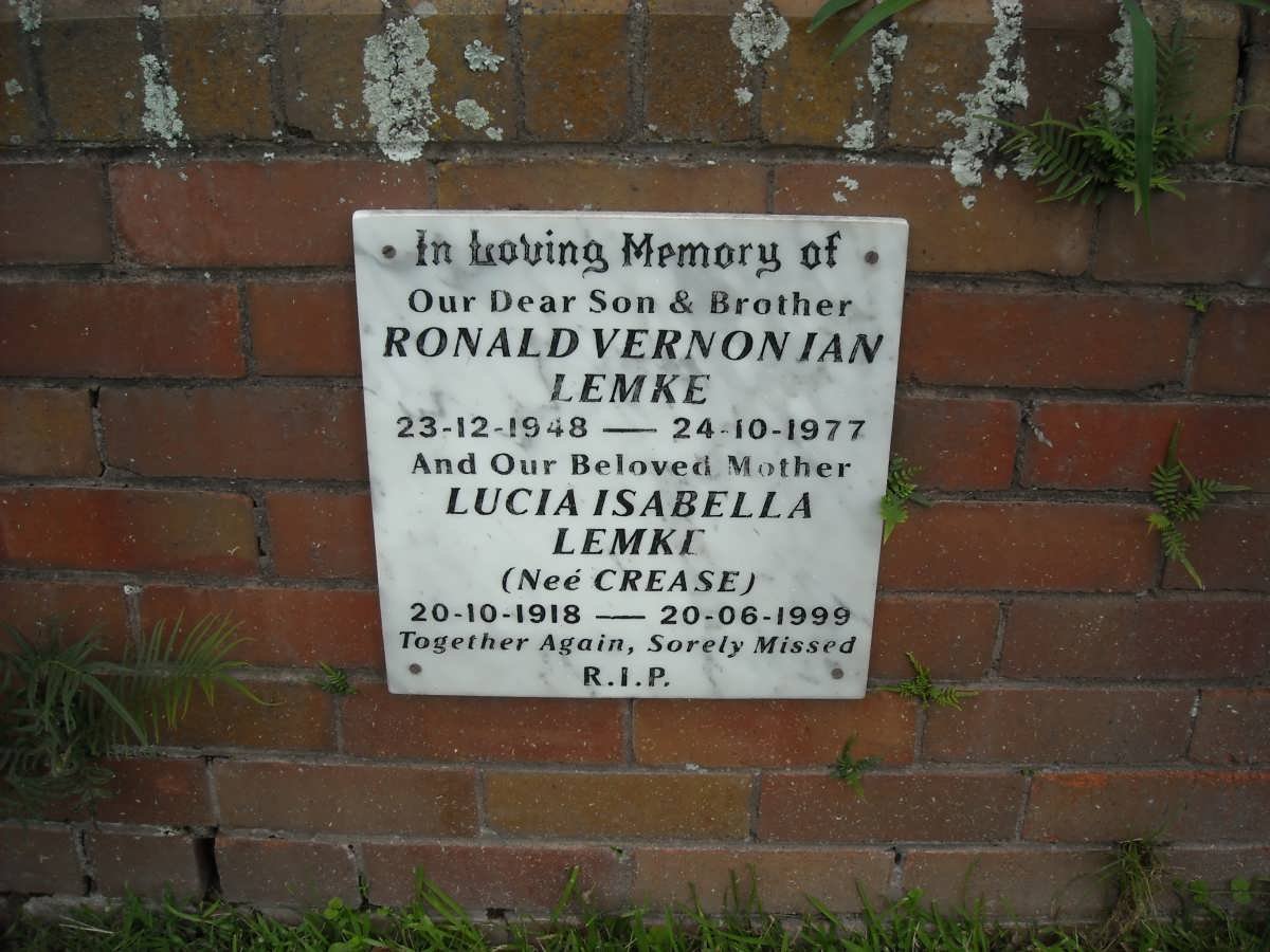 LEMKE Ronald Vernon Ian 1948-1977 &amp; Lucia Isabella CREASE 1918-1999